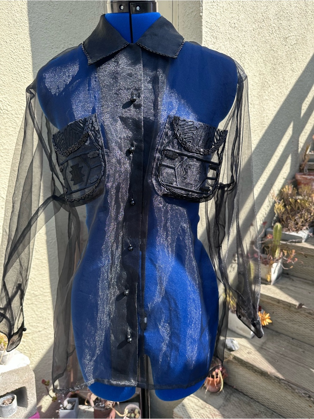Sheer Western Beaded Black Organza Button-Up